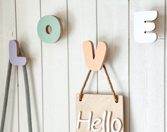 Wooden Letter Wall Hooks - Personalized Coat Storage for Kids, Cool Letter Hooks, Custom Wooden Coat Hooks for Kids Room, Decorative Hooks