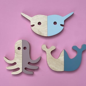 Animal Wall Hooks for Kids Room - Set of three Wooden Hooks - Coat Hooks, Safari Wall Hooks, Wooden Wall hooks, Nursery Hooks, Nursery Decor
