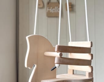 Wooden Horse Baby Swing | Personalized Wooden Handmade Swing, Baby Swing with Bucket Seat, Outdoor Baby swing, Wooden Horse swing