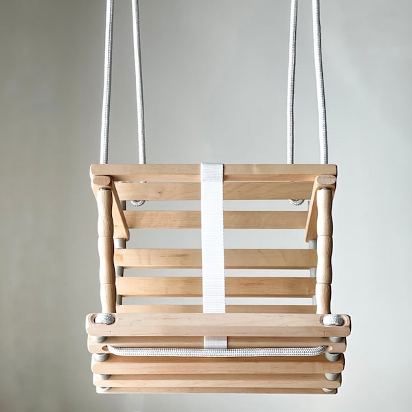 Balançoire en bois pour bébé - balançoire pour tout-petit - balançoire en bois - balançoire blanche pour bébé - balançoire en bois massif pour jardin intérieur ou extérieur, balançoire pour tout-petit