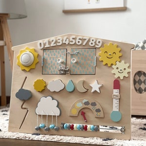 Tableau animé personnalisé pour tout-petit, tableau d'activités météo, tableau occupé 1 an, tableau Montessori, tableau sensoriel en bois, cadeau de 1er anniversaire