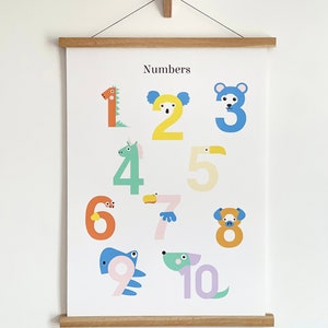 Poster numeri animali, stampa numeri, poster alfabeto animali, poster ABC, poster educativi, gancio magnetico per poster, stampa artistica per bambini