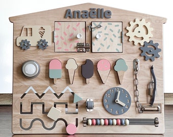 Toddler Busy Board - Ice Cream Themed Sensory Activity Board - 1st Birthday Gift Idea - Sensory Board, Personalized Wooden Toy, Toddler Gift