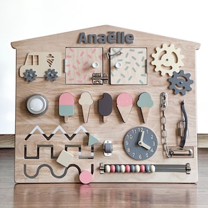Tableau occupé pour tout-petit - Tableau d'activités sensorielles sur le thème de la crème glacée - Idée cadeau 1er anniversaire - Tableau sensoriel, jouet en bois personnalisé, cadeau pour tout-petit