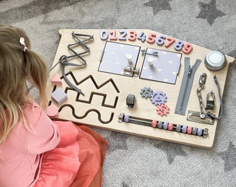 Busy Board for Toddler girl - Wooden Sensory Board - Toddler Developing Board - Montessori Toys -Busy Board for Baby, 1st Birthday Gift Idea