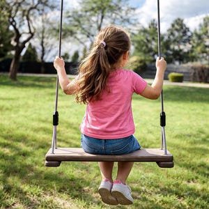May include: A young person sits on a wooden swing in a grassy park. The person wears a pink t-shirt, denim shorts, and white sneakers. The swing has gray ropes and is suspended from a tree, with a blurred background of trees and grass.