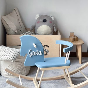 Personalised Wooden Rocking Horse Toy Toddler Rocking Horse with a name, Rocking Horse Gift, Wooden Horse, Montessori Rocker, Horse Swing Sky Blue