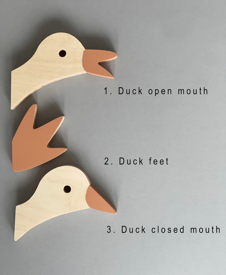 Op de afbeelding: Drie houten eendenkopstukken, geschilderd in tinten bruin en beige. Het eerste stuk heeft een open snavel, het tweede stuk zijn alleen de eendenpoten en het derde stuk heeft een gesloten snavel. De stukken zijn gelabeld met 1. Eend open snavel, 2. Eendenpoten en 3. Eend gesloten snavel.