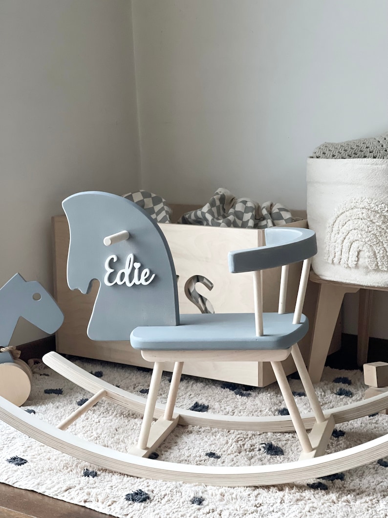 Custom Wooden Rocking Horse for Toddlers 1st Birthday Gift, Wooden horse Montessori toy, Personalised Horse Toy Montessori Rocker Grey