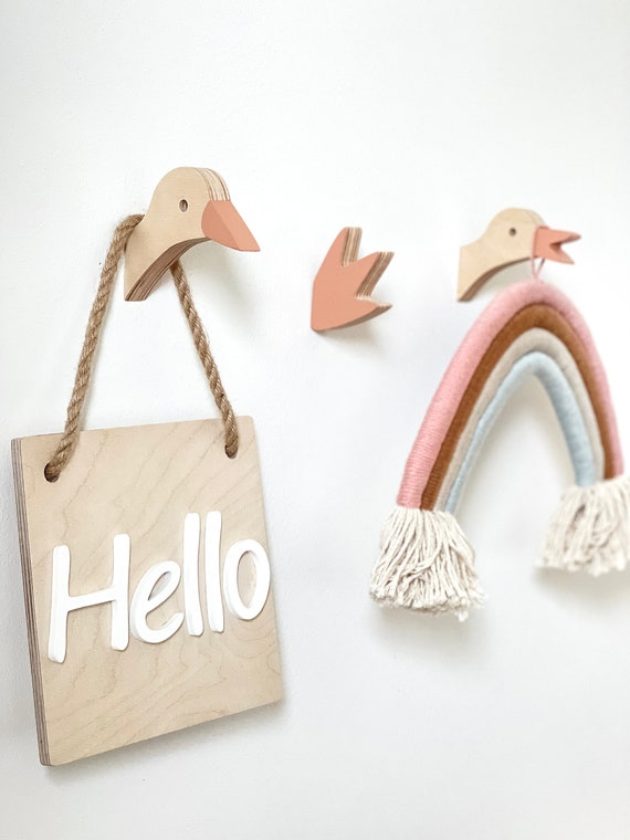 Duck Wooden Wall Hooks for Kids Room - Set of 3 Duck Hooks - Wall Hooks for Kids, Nursery Wall Hooks, Kids' Wooden Knobs - Wooden hangers