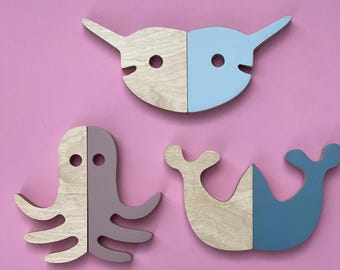 Ganci da parete a forma di animale per la cameretta dei bambini - Set di tre ganci in legno - Ganci appendiabiti, ganci da parete safari, ganci da parete in legno, ganci per cameretta dei bambini, decorazioni per cameretta dei bambini