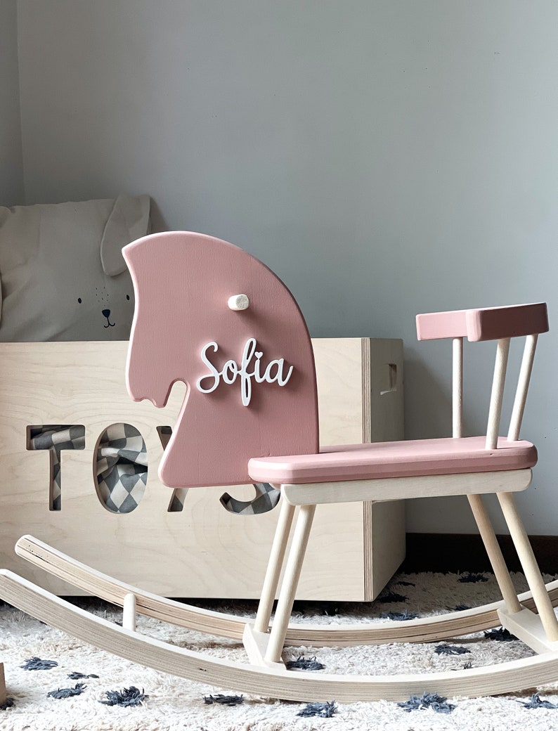 Custom Wooden Rocking Horse for Toddlers 1st Birthday Gift, Wooden horse Montessori toy, Personalised Horse Toy Montessori Rocker Pastel pink