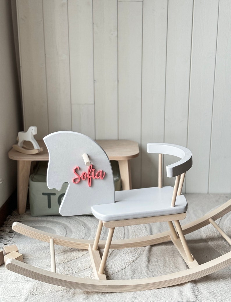 Custom Wooden Rocking Horse for Toddlers 1st Birthday Gift, Wooden horse Montessori toy, Personalised Horse Toy Montessori Rocker Light grey