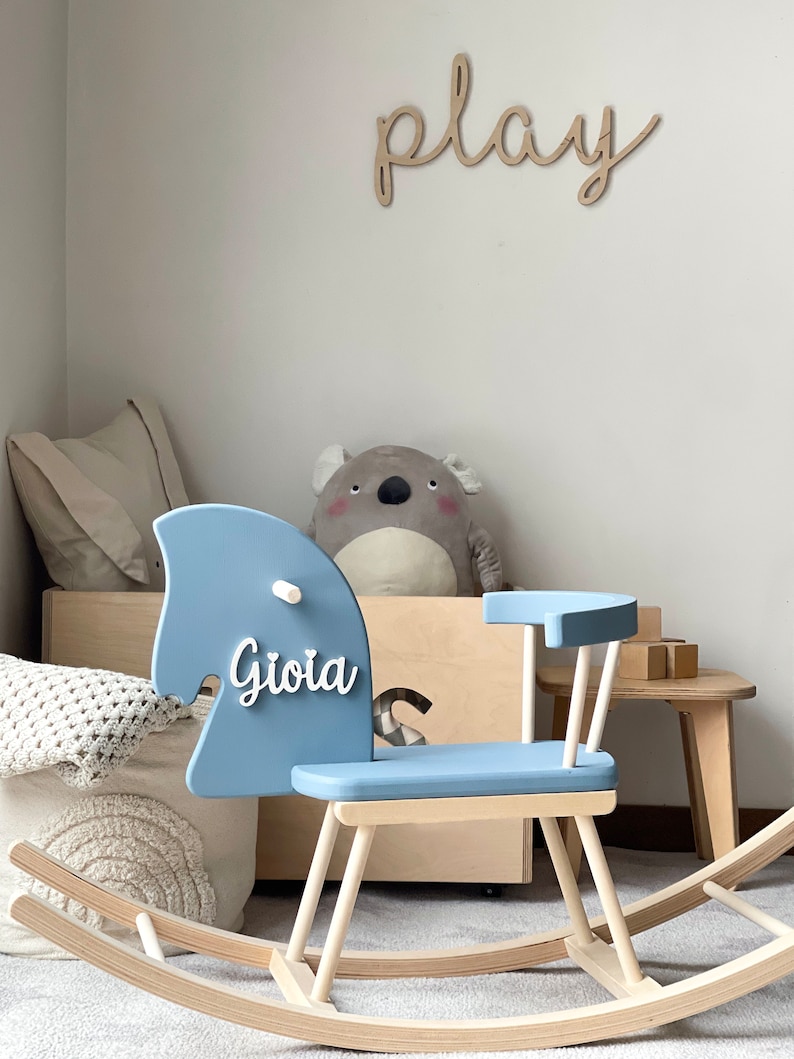 Custom Wooden Rocking Horse for Toddlers 1st Birthday Gift, Wooden horse Montessori toy, Personalised Horse Toy Montessori Rocker Sky blue