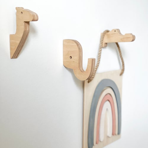 Wooden Animal Wall Hooks Set of Three Animal Shaped Hooks Etsy