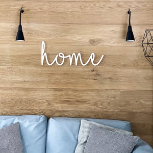 Może przedstawiać: Biały drewniany znak z napisem "home" napisanym kursywą, zamontowany na jasnobrązowej drewnianej ścianie. Po obu stronach znaku znajdują się dwa czarne kinkiety.