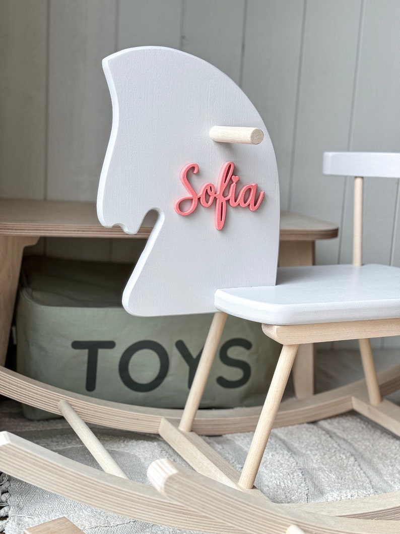 Personalized Rocking Horse Toy Wooden Horse with Name, Toddler Rocking Horse Gift, Montessori Rocker Customizable Wood Rocking Horse Light Grey