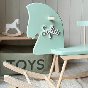 Personalized Rocking Horse Toy Wooden Horse with Name, Toddler Rocking Horse Gift, Montessori Rocker Customizable Wood Rocking Horse Pistachio green