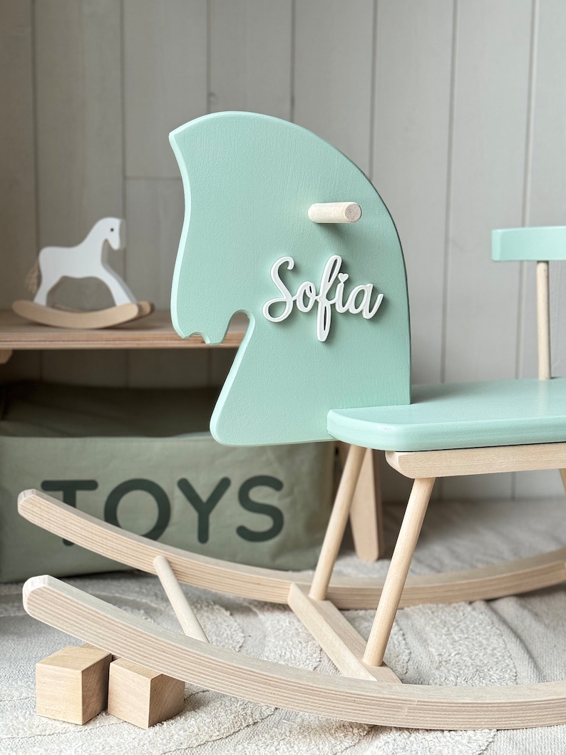 Personalized Rocking Horse Toy Wooden Horse with Name, Toddler Rocking Horse Gift, Montessori Rocker Customizable Wood Rocking Horse Pistachio green