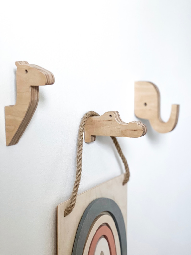 Wooden Animal Wall Hooks Set of three Animal shaped hooks Wall Hooks for Kids, Nursery Wall Hooks, Kid's Room Wall Hooks, Wooden hangers Natural wood