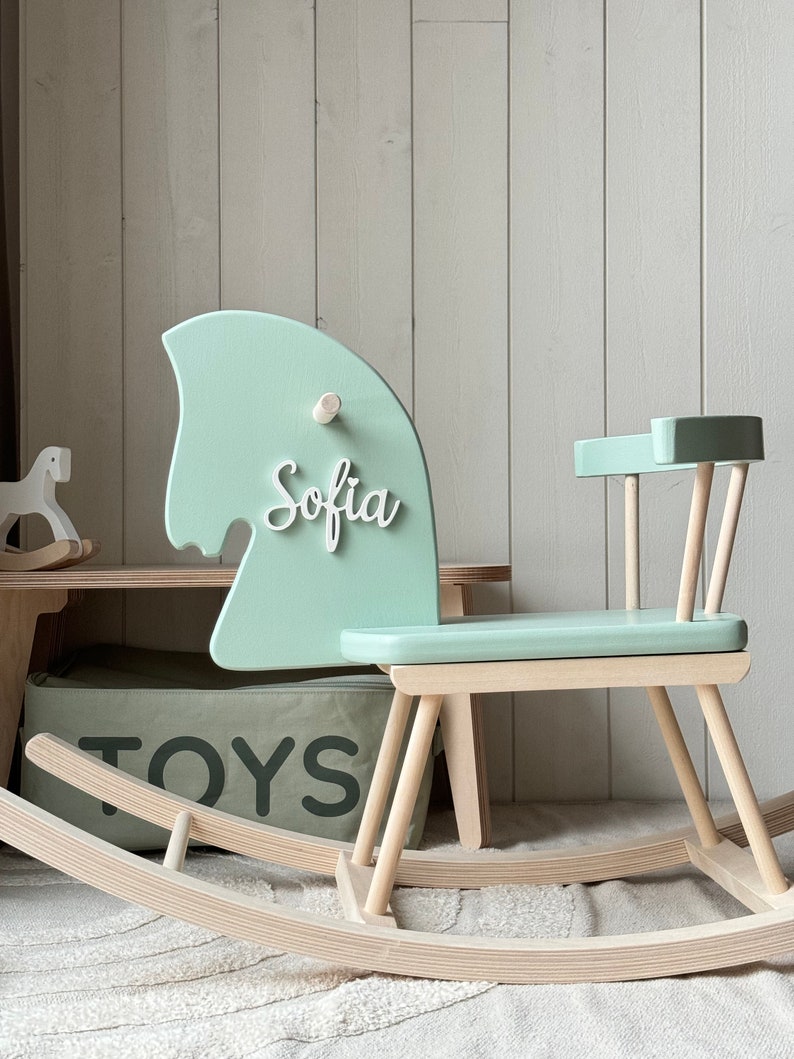 Custom Wooden Rocking Horse for Toddlers 1st Birthday Gift, Wooden horse Montessori toy, Personalised Horse Toy Montessori Rocker Pistachio green