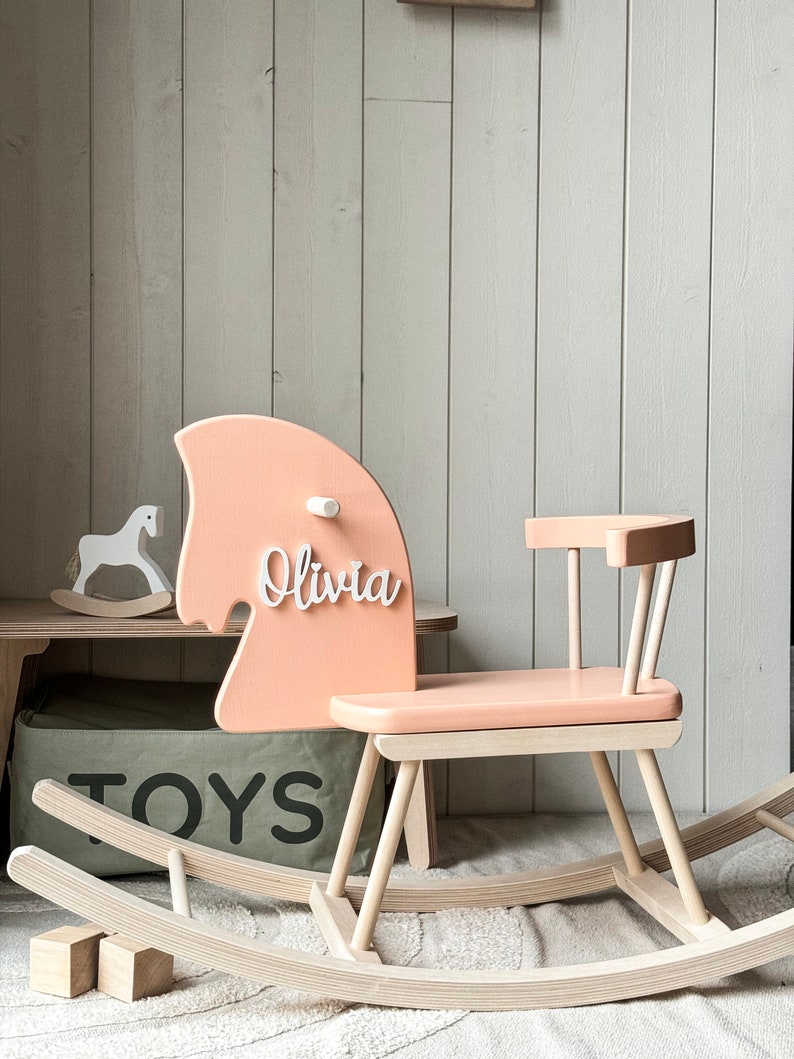 Personalized Rocking Horse Toy Wooden Horse with Name, Toddler Rocking Horse Gift, Montessori Rocker Customizable Wood Rocking Horse Peach Fuzz