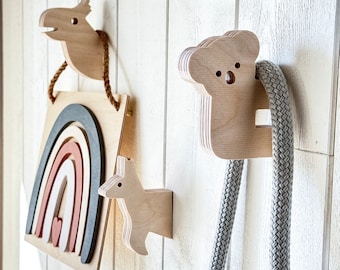 Wooden Wall Coat Hooks for Kids Room - Animal Decor, Animal Wood hooks, Koala wall Hooks, Coat hooks for wall, Kids coat hanger, Animal hook