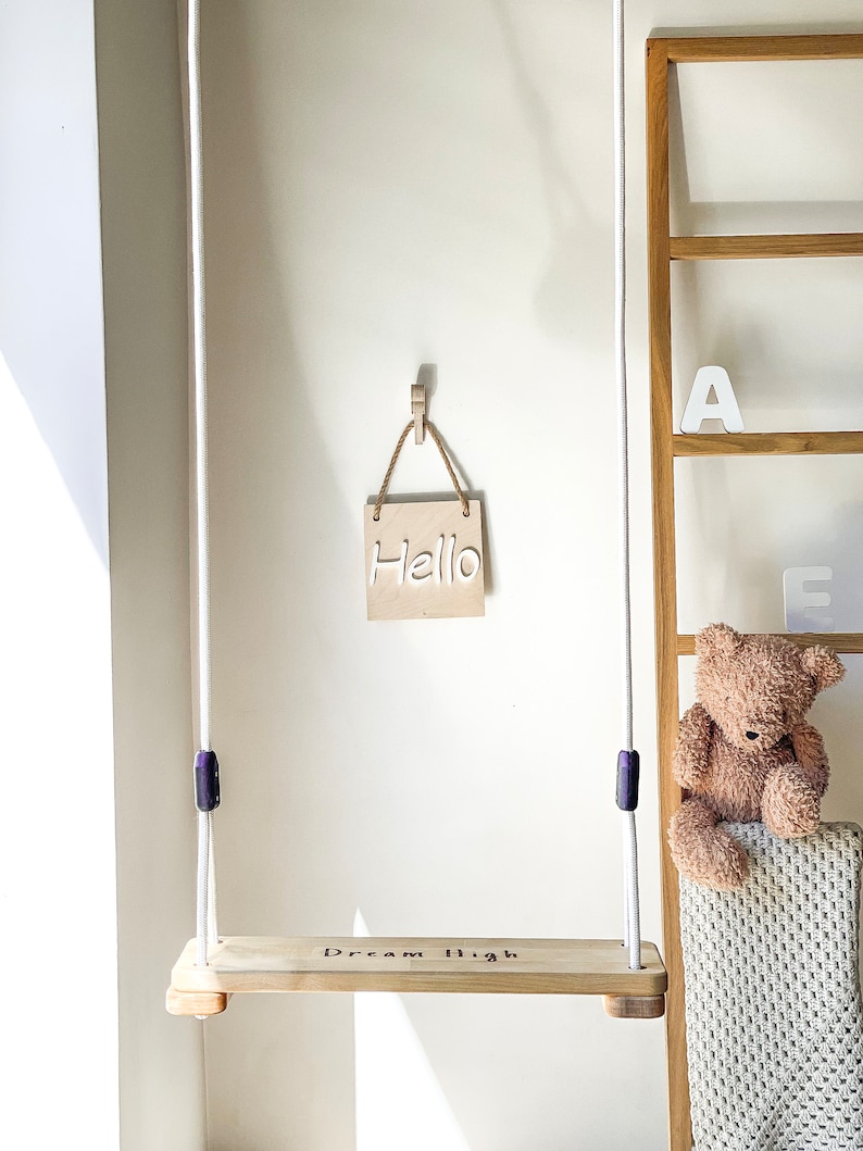 Wooden Tree Swing for Kids and Adults, made from high-quality wood. Ideal for long-lasting outdoor fun and perfect as a gift for any occasion. Make your swing set truly one-of-a-kind with a special touch by adding personalised engravings on the top.