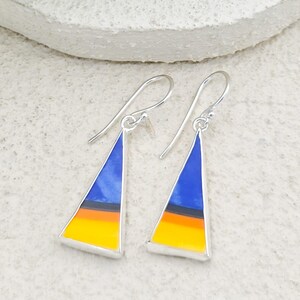 Art Deco Earrings | Upcycled Clarice Cliff Pottery | 20mm Orange and Blue Triangular | Sterling Silver