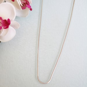 Pode incluir: Um colar de corrente de cobra prateado em um fundo azul claro.