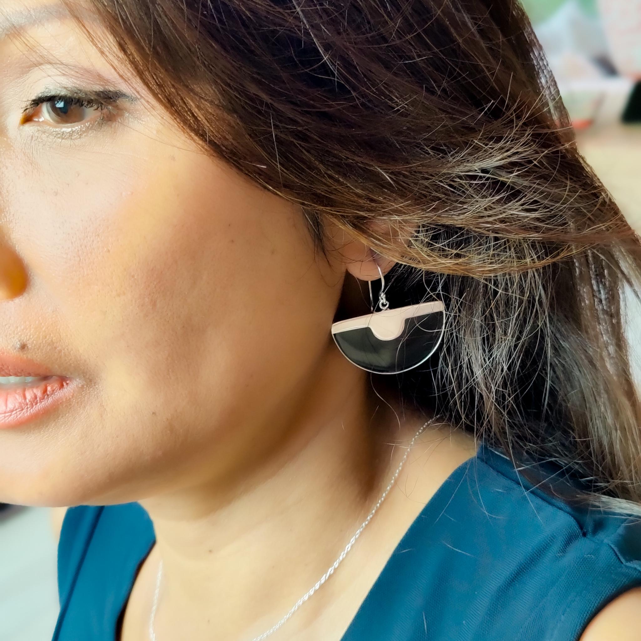 Boucles D'oreilles Anneaux Striés Argent Sterling - Style Art Déco - Occasion