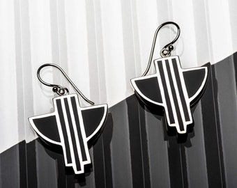 Art Deco Earrings, Angel Design in Black Resin and Sterling Silver