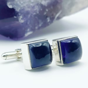Amethyst Cufflinks, February Birthstone, Square Gemstones in Sterling Silver