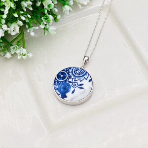 Minton Pottery Ceramic Pendant | Upcycled Blue Willow | 27mm Circle | Sterling Silver