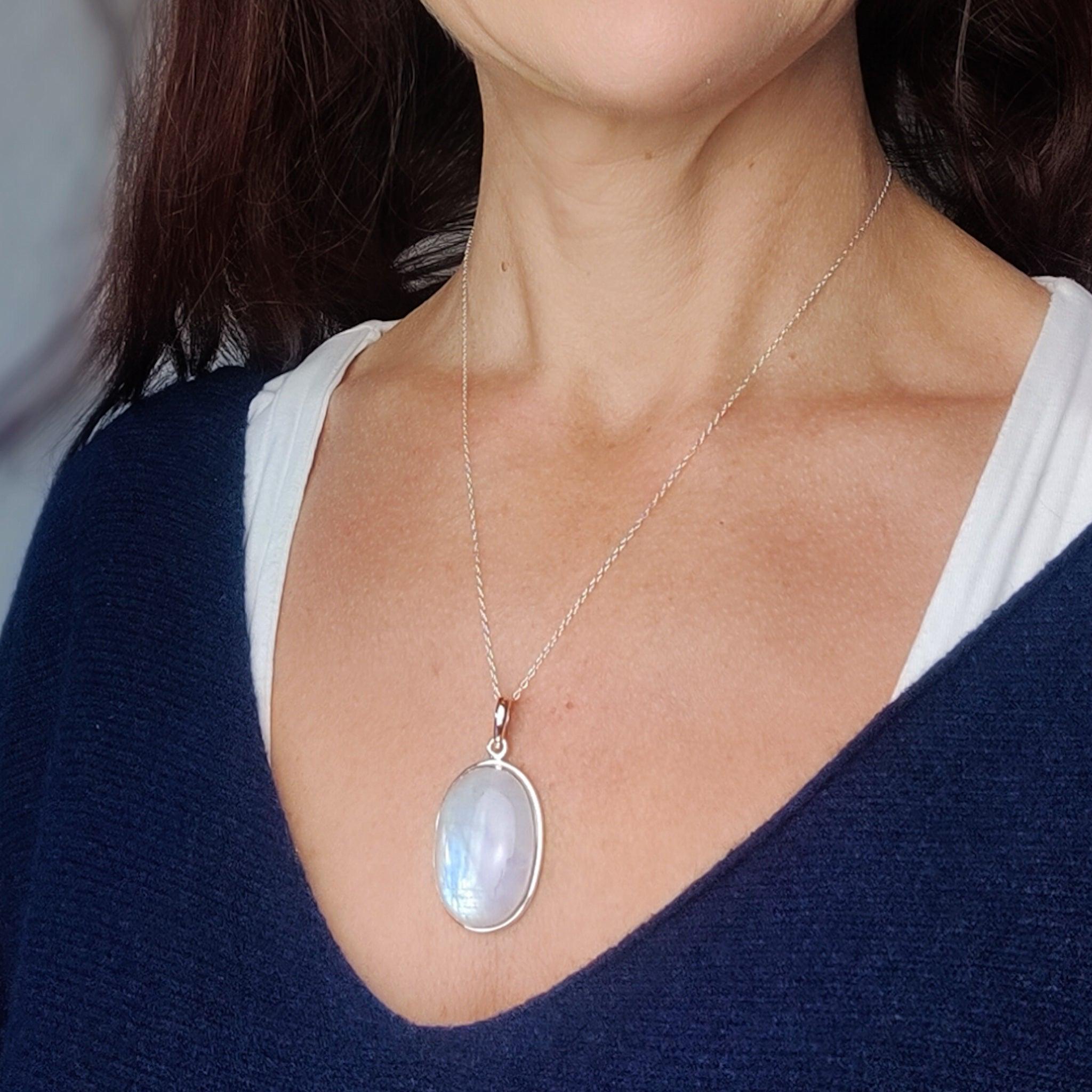 Rainbow Moonstone Pendant, Oval Stone in Sterling Silver