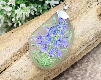 Hand Painted Sea Glass Pendant | Bluebell | Sterling Silver