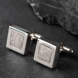 Meteorite Cufflinks, Genuine Muonionalusta in Sterling Silver | Widmanstätten Pattern | Astronomy Gift for Him