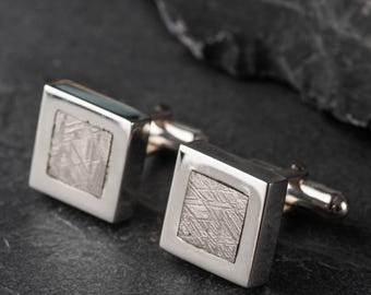 Meteorite Cufflinks, Genuine Muonionalusta in Sterling Silver | Widmanstätten Pattern | Astronomy Gift for Him