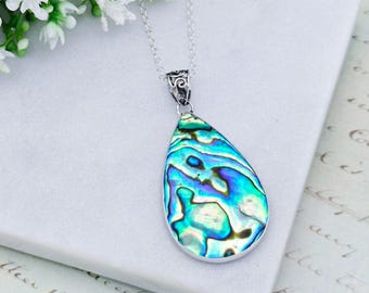 Abalone Shell Pendant | 50mm Teardrop | Mother of Pearl Reverse | Sterling Silver