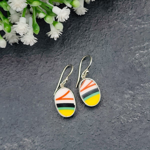 Art Deco Oval Earrings | Clarice Cliff Ceramics | 9th Anniversary | Sterling Silver