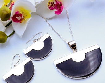 Art Deco Pendant and Earrings Set | Semi-Circle Design | Sterling Silver and Black Resin