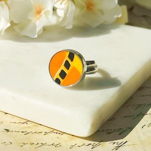 Art Deco Ring | Adjustable with Clarice Cliff Ceramics | Orange, Yellow and Black | Sterling Silver