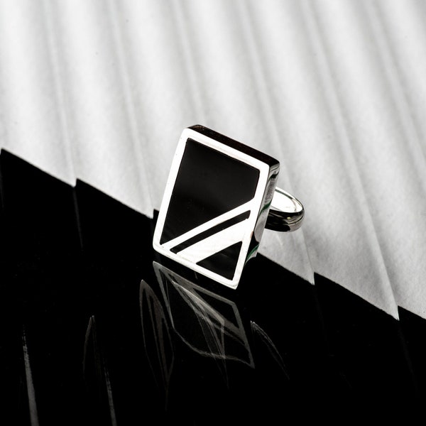 Art Deco Ring | Rectangle | Black and Sterling Silver