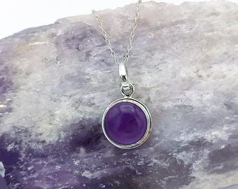 Small Amethyst Pendant with Free Chain | 12mm Circle Purple Gemstone | February Birthstone Gift