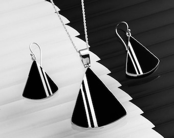 Art Deco Triangular Pendant and Earrings Set, in Sterling Silver and Black Resin