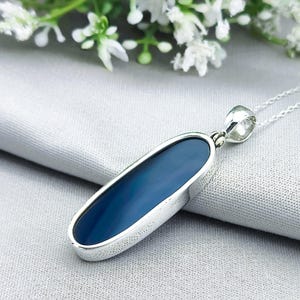 Slim Blue Agate Pendant Necklace, Sterling Silver Gemstone, 12th Wedding Anniversary Gift, May Birthstone