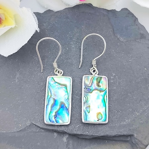 Abalone Earrings, Paua Shell Rectangles in Sterling Silver, Mother of Pearl on Reverse