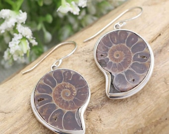 Ammonite Earrings | Medium size 25mm Fossil Earrings | Madagascan | Dark Tones | Sterling silver