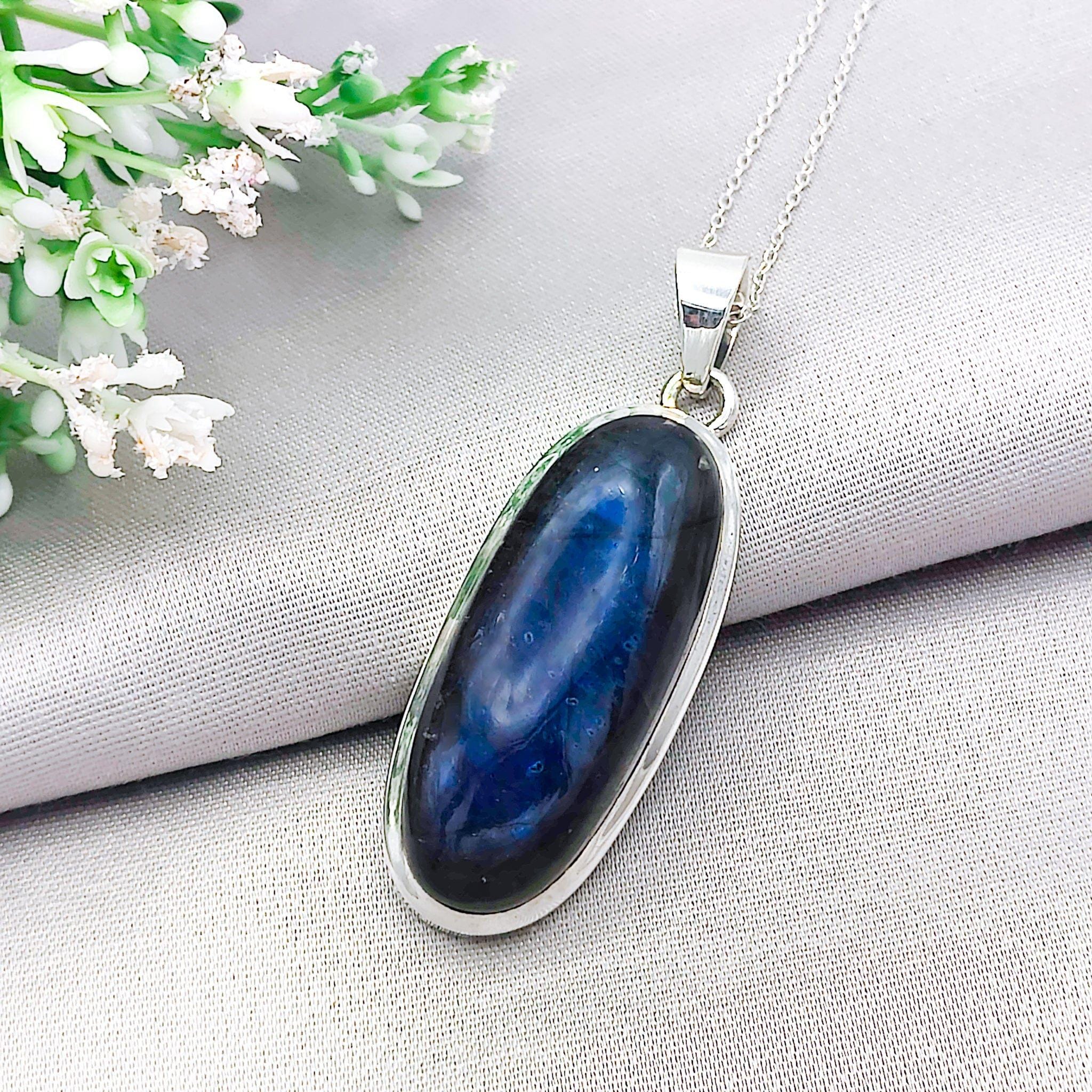 Labradorite Pendant, 45mm Slim Oval in Sterling Silver