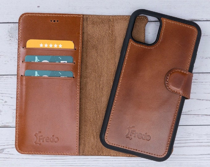 Cognac Brown Genuine Leather Magnetic Detachable Protective Wallet Back Cover Case with Card Slots by FredoLeather 5.8/'/' iPhone 11 Pro